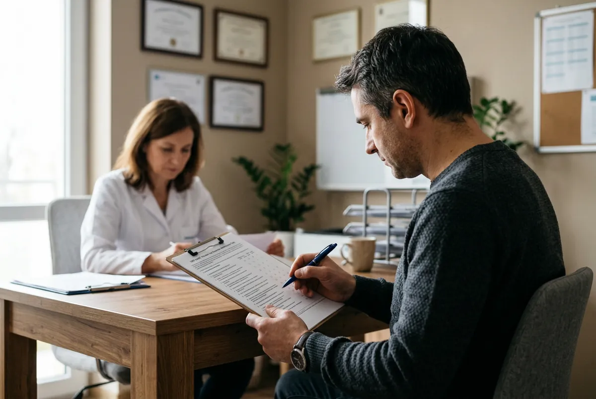 Mężczyzna wypełniający kwestionariusz samooceny picia alkoholu w łódzkim gabinecie przy ul. Sienkiewicza
