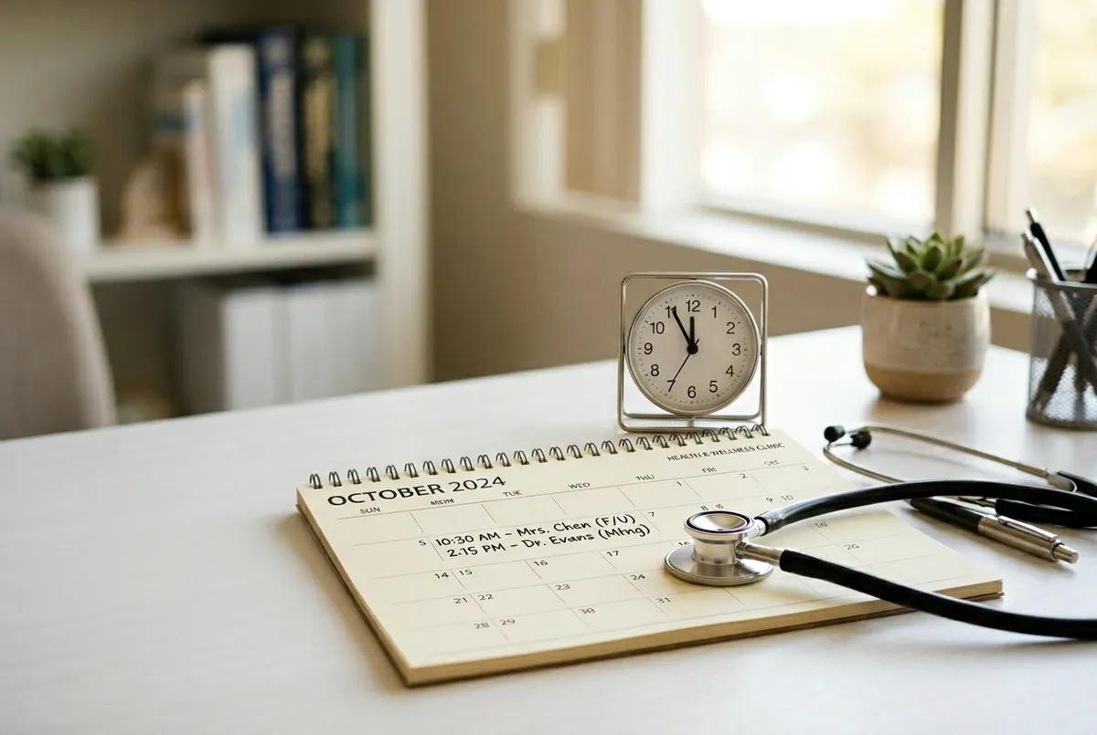 Kalendarz medyczny i zegar na biurku lekarza - symbolika czasu działania wszywki alkoholowej